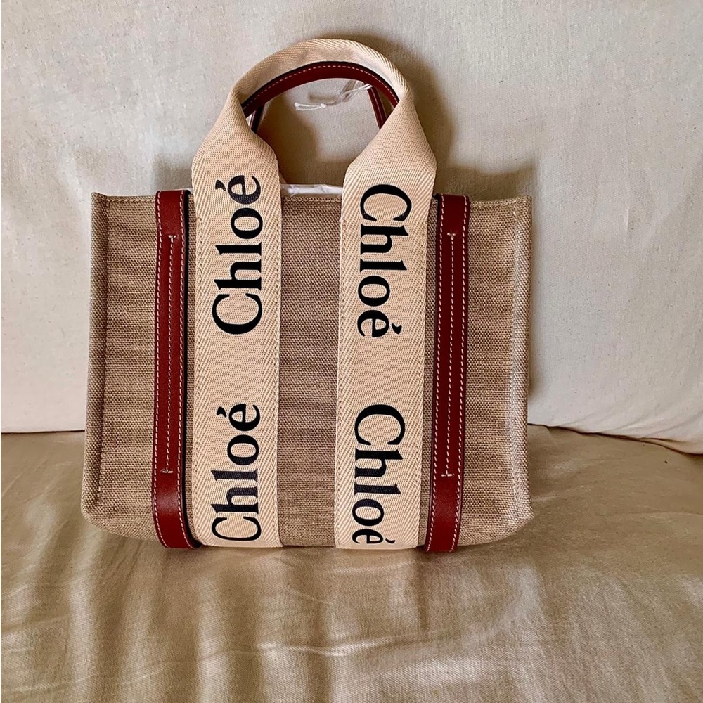 Chloe woody linen and leather tote with strap